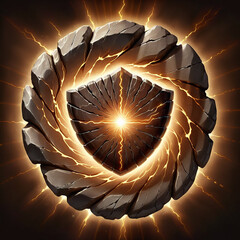 Mystical stone shield bursts with radiant energy and crackling electricity, emanating power and ancient strength.