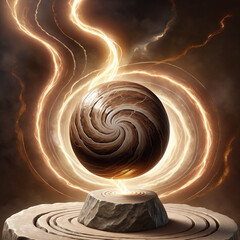 Mystical swirling sphere levitating with glowing energy trails emanating from a stone pedestal against a dark, dramatic background
