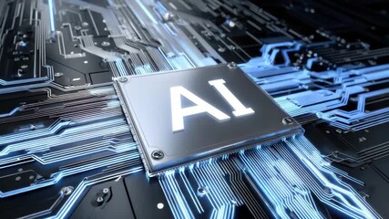 Artificial intelligence chip glowing on circuit board with blue light lines, futuristic technology concept featuring electronic microchip and digital innovation for smart systems - Powered by Adobe