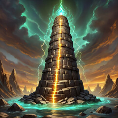 Ancient stone tower pulsating with mystical energy amidst a dramatic stormy landscape with lightning strikes illuminating the scene.