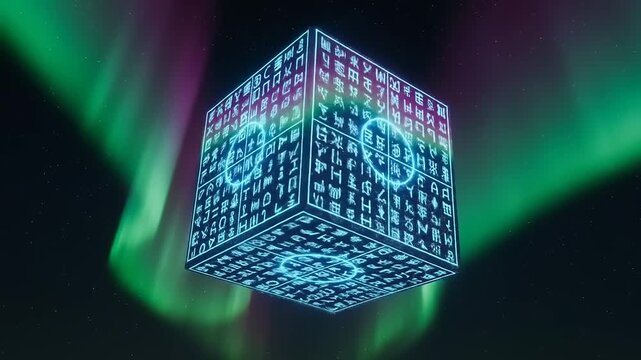 Mysterious Glowing Cube with Ancient Symbols and Aurora Borealis in Dark Space.