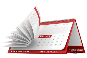 Calendar for April 2020 with red accents and flung pages offering organization time management and planning solutions for individuals and businesses