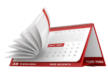 Calendar for April 2020 with red accents and flung pages offering organization time management and planning solutions for individuals and businesses