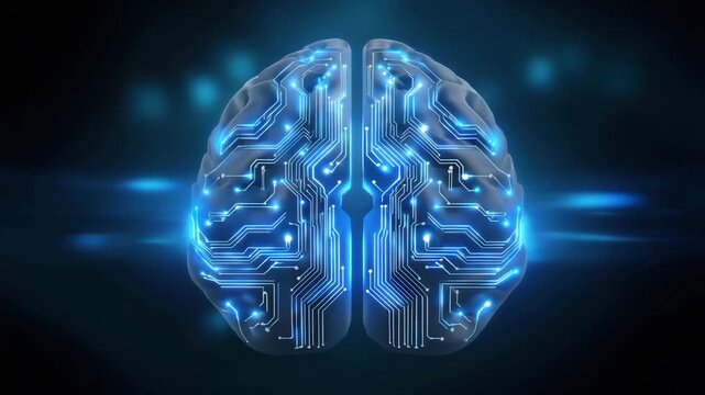 Digital brain glowing circuit pattern with blue light effects, futuristic technology and artificial intelligence neural network innovation, electronic brain design showcasing smart systems