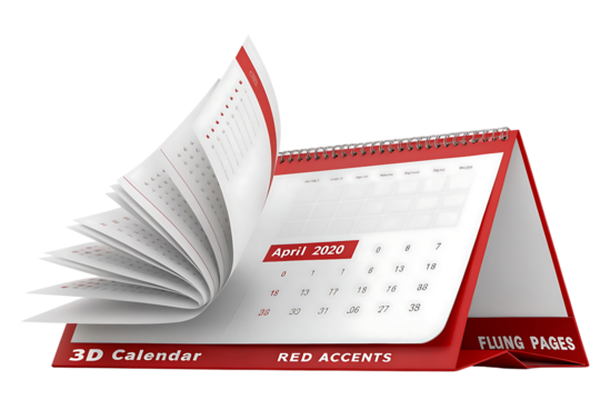 Calendar for April 2020 with red accents and flung pages offering organization time management and planning solutions for individuals and businesses