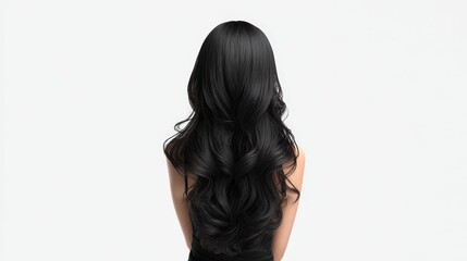 Fototapeta premium This image shows the back view of a person with long black wavy hair, highlighting the beautiful and flowing hairstyle.