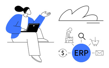 Person using a laptop next to cloud and blue ERP diagram with icons for factory, shopping, email, and search. Ideal for business processes, productivity, technology, data management, innovation