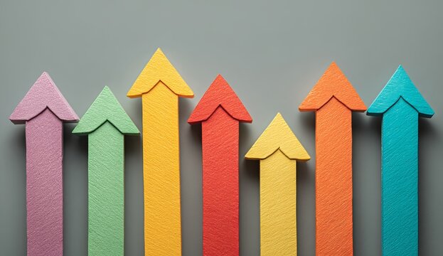Colorful arrows pointing upwards on a grey background, representing growth and progress in business or personal life. The concept of rising sales analytics and a positive upward trend .