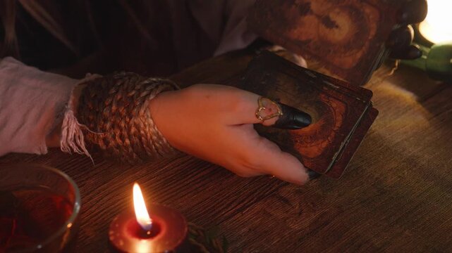 Fortune teller's hands shuffle vintage tarot cards by candlelight on a wooden table, performing an intimate divination ritual to reveal spiritual insight, fate, and future guidance