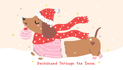 Christmas Dachshund Dog with ornamet walk through the snow Hand Drawn Festive Cartoon Illustration Greeting card printable