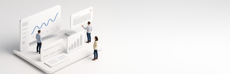 Business team analyzing abstract digital financial dashboard with charts and graphs on clean white background, concept for data-driven strategy. Ai generative