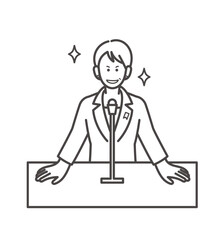 演説する女性の総理大臣のイラスト　線画のみ