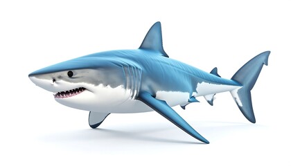 Fototapeta premium A photorealistic image of a shark with detailed fins and teeth against a clean white background