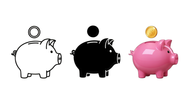 Piggy Bank Evolution From Outline To Coin Deposit scale isolated on a transparent background