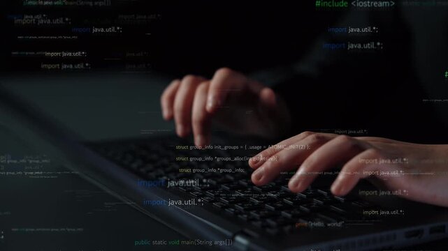 Close-up view of hands typing on a laptop keyboard with coding elements overlay, illustrating the connection between programming tasks and digital technology in modern work. Xenic