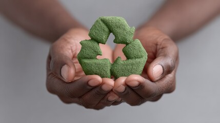 Hands of diverse individuals holding a green recycled symbol, emphasizing unity in sustainability and environmental awareness. National Recycling Day and Week  America Recycles Day