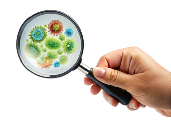 
Hand holding a magnifying glass with a bacteria sign simple on a white background