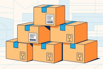 Obraz premium Stack of cardboard boxes with blue tape on light abstract background illustrating shipping and logistics concept in modern graphic style. Ai generative