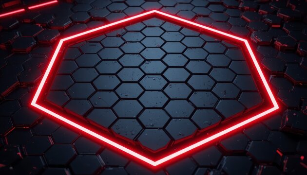 Abstract hexagon pattern background glowing red neon frame modern geometric design for technology and futuristic concepts
