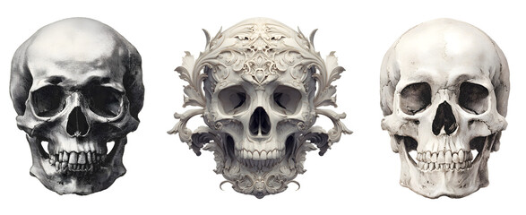 human skulls collection isolated on white background, decorative gothic skull cut out transparent png