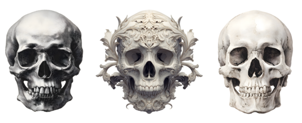 human skulls collection isolated on white background, decorative gothic skull cut out transparent png