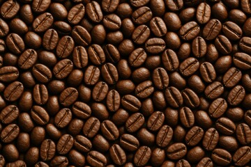 Obraz premium Close-up of roasted coffee beans with warm lighting forming a seamless abstract background pattern for food and drink concept design use. Ai generative