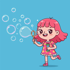 Smiling girl with pink hair blows bubbles using a wand, wearing a red polka-dot dress on a light blue background.