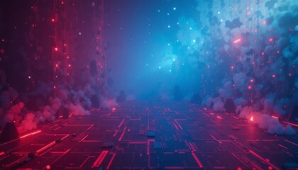 Abstract futuristic background with red and blue neon lights glowing circuit board and smoke perfect for technology or gaming concepts