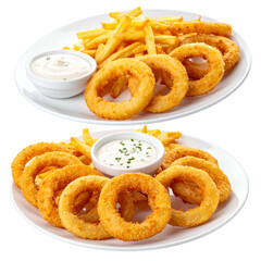 Two plates of fried onion rings and fries with dipping sauce, a restaurant meal