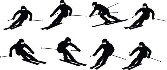 Skier silhouette sequence, dynamic skiing poses, winter sport technique, downhill motion illustration, ski pole action, athlete movement, black vector graphic