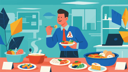 Illustration Of An Employee With A Food Allergy Enjoying A Company Potluck Thanks To Clear Allergen Labeling On Dishes Vector Design Template