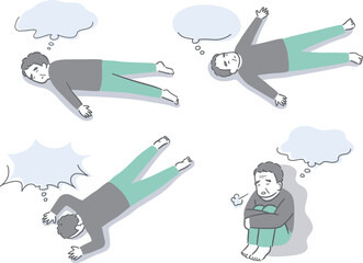 落ち込んで元気が出ない高齢男性のふきだし付きイラストセット