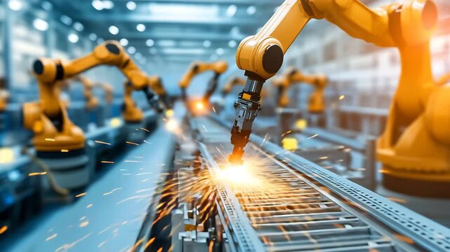 Row of yellow industrial robot arms welding on a conveyor belt with sparks industrial robots