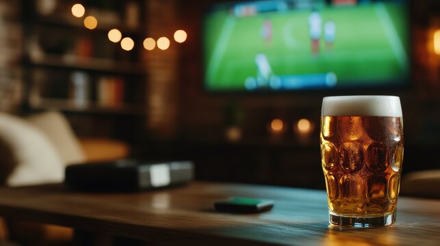 Watching sports with friends cozy living room beer glass relaxed atmosphere inviting view social experience