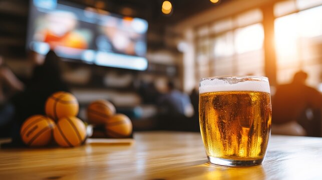 Cheering fans enjoy a cold beer during a basketball game sports bar beverage photography cozy atmosphere close-up view celebration