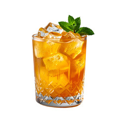 Crystal glass with iced, amber-colored drink, garnished with mint sprig