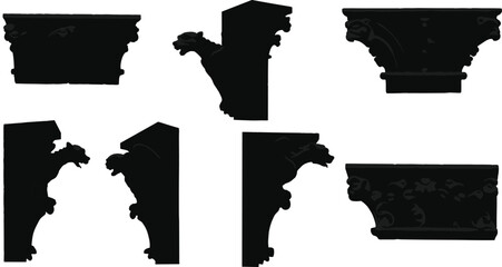 Architectural corbel silhouettes, classical bracket design, ornamental stone support, acanthus leaf carving, gargoyle figure detail, decorative architecture element, historic building support, © Madhob Creatives