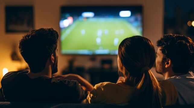 Exciting live soccer match night cozy living room group viewing experience relaxing atmosphere close-up perspective community engagement