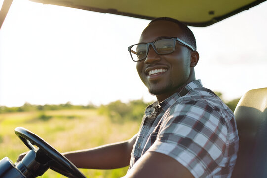 Smiling Man Driving Golf Cart