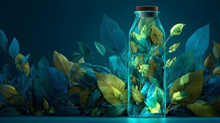 Glass Jar with Glowing Leaves Inside Surrounded by Abstract Nature