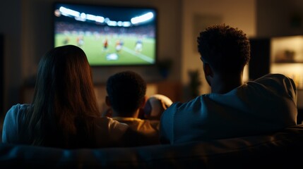 Family enjoying a sports game night together in their cozy living room with a tv displaying an exciting match
