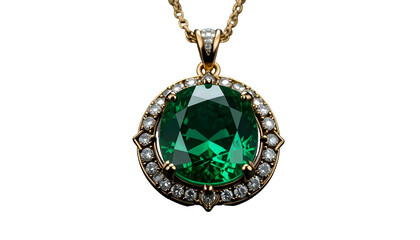 Golden necklace with emerald pendant, diamonds, black background