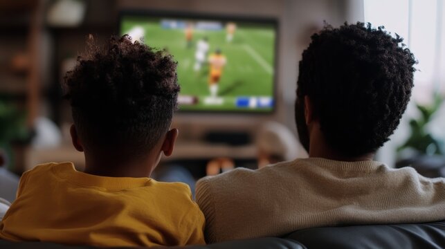 Father and son bonding over live sports in cozy living room family entertainment indoor setting warm atmosphere