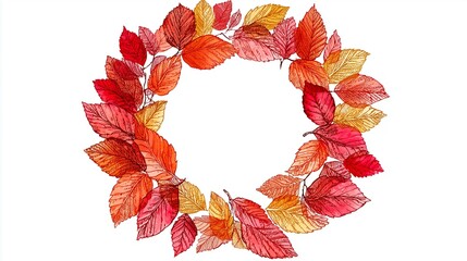 Hand-drawn autumn leaves forming a circular wreath, red, orange, yellow tones, isolated on white, creative vector.