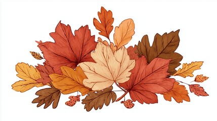 Hand-drawn autumn leaves cluster with maple, oak, and elm leaves, warm seasonal colors, whimsical cartoon vector style.