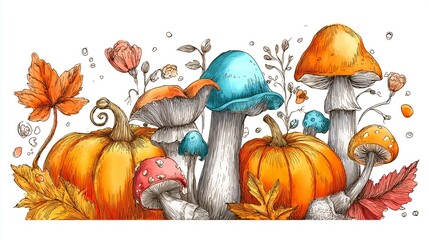 Hand-drawn mushroom, pumpkin, and autumn leaves cluster, whimsical and colorful, isolated on white background.