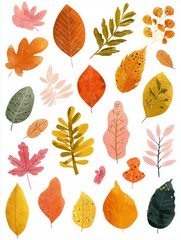 Vector illustration of assorted autumn leaves, playful hand-drawn textures, warm red, orange, yellow, and green palette, isolated on white.