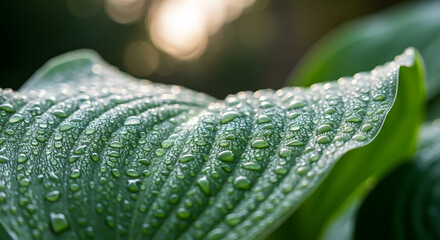 Close up of a green leaf covered in water droplets glistening in the soft sunlight of a summer morning