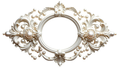 Ornate, white, pearl-studded frame with a circular center and intricate details