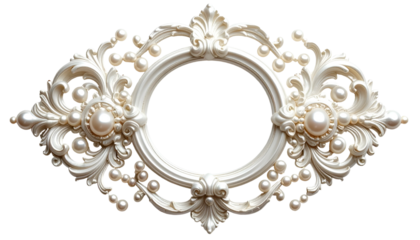 Ornate, white, pearl-studded frame with a circular center and intricate details